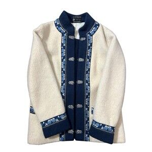 Fjord Fashion Nordic Wool Jacket Womens 40 Ivory Floral Trim Buckle Vintage READ